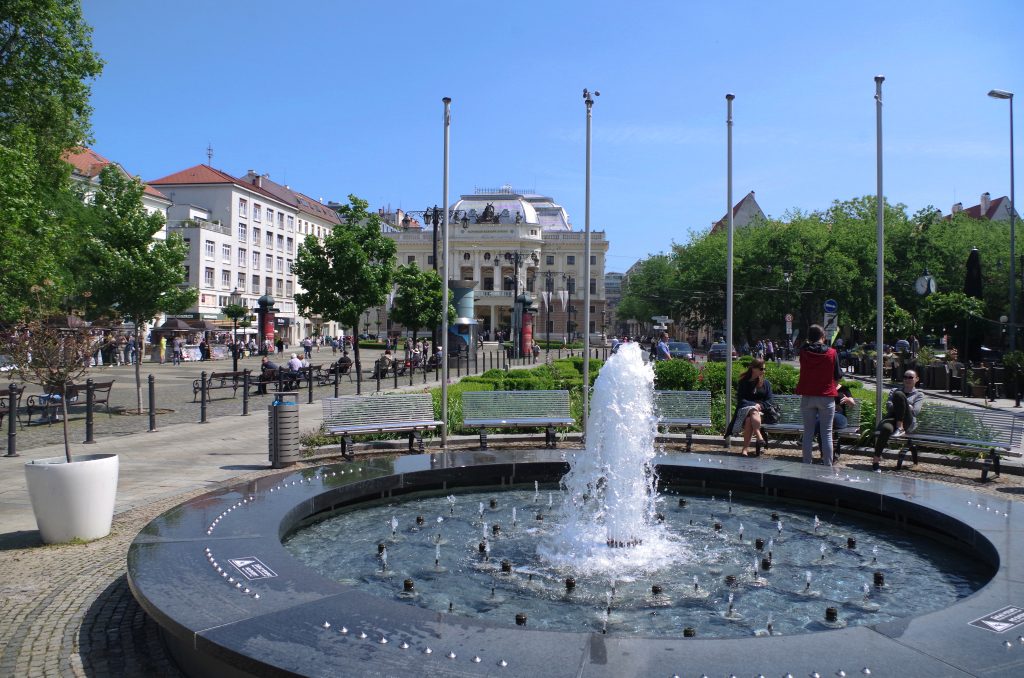 A modern fountain in the Central Square, Bratislava