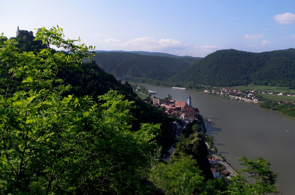 The view from the summit, with castle ruins in the upper left