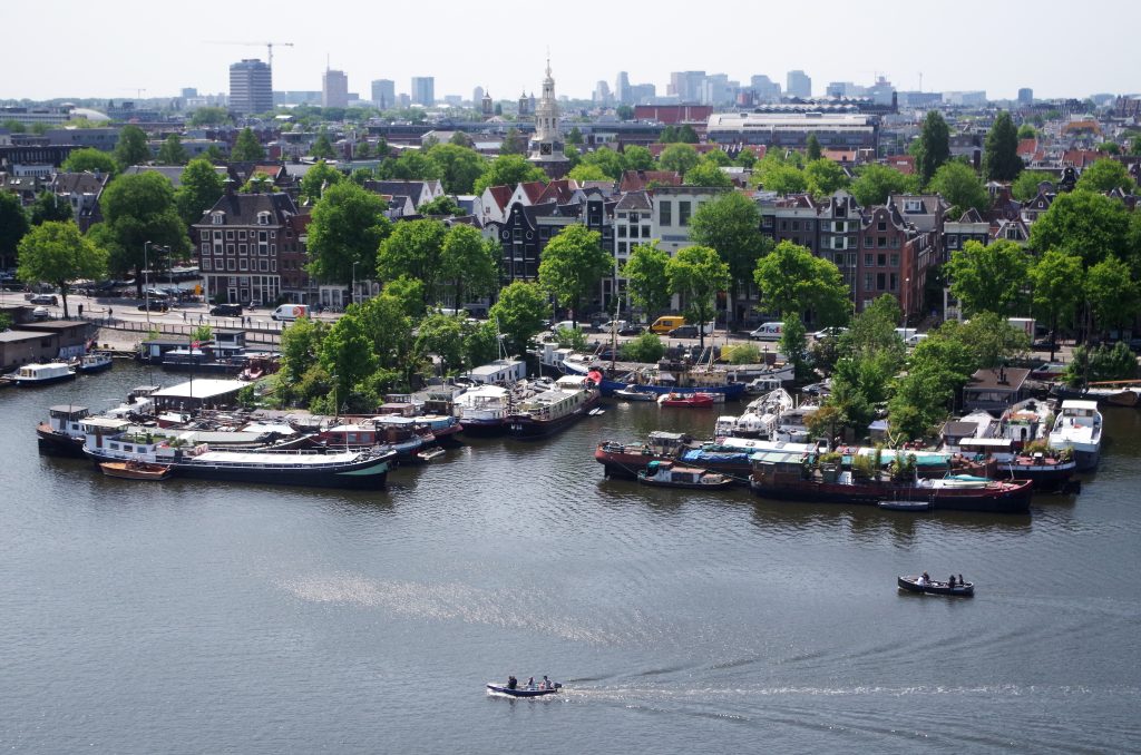 The view of the IJ from the outdoor seating area of the cafeteria in the Openbare Bibliotheek Amsterdam (OBA), Amsterdam