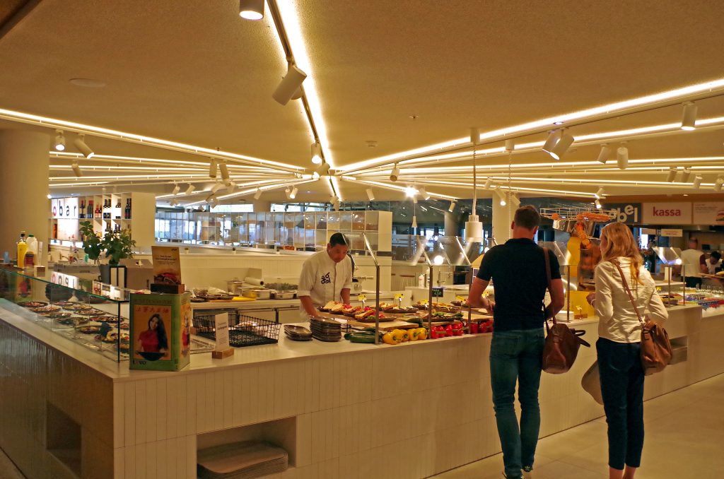 The cafeteria on the seventh floor of Openbare Bibliotheek Amsterdam (OBA), Amsterdam