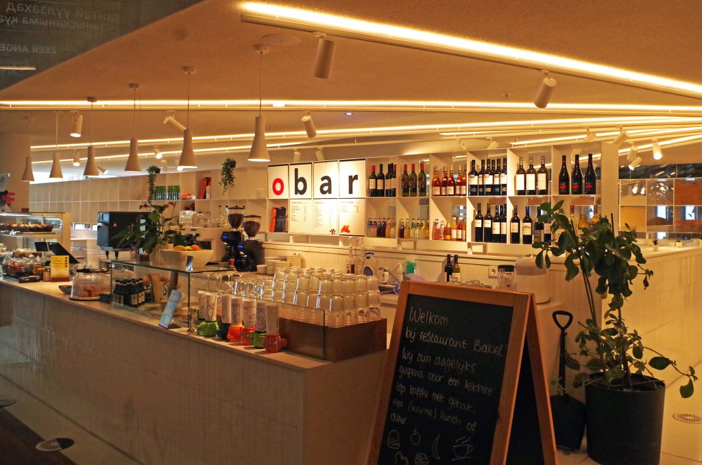The cafeteria on the seventh floor of Openbare Bibliotheek Amsterdam (OBA), Amsterdam